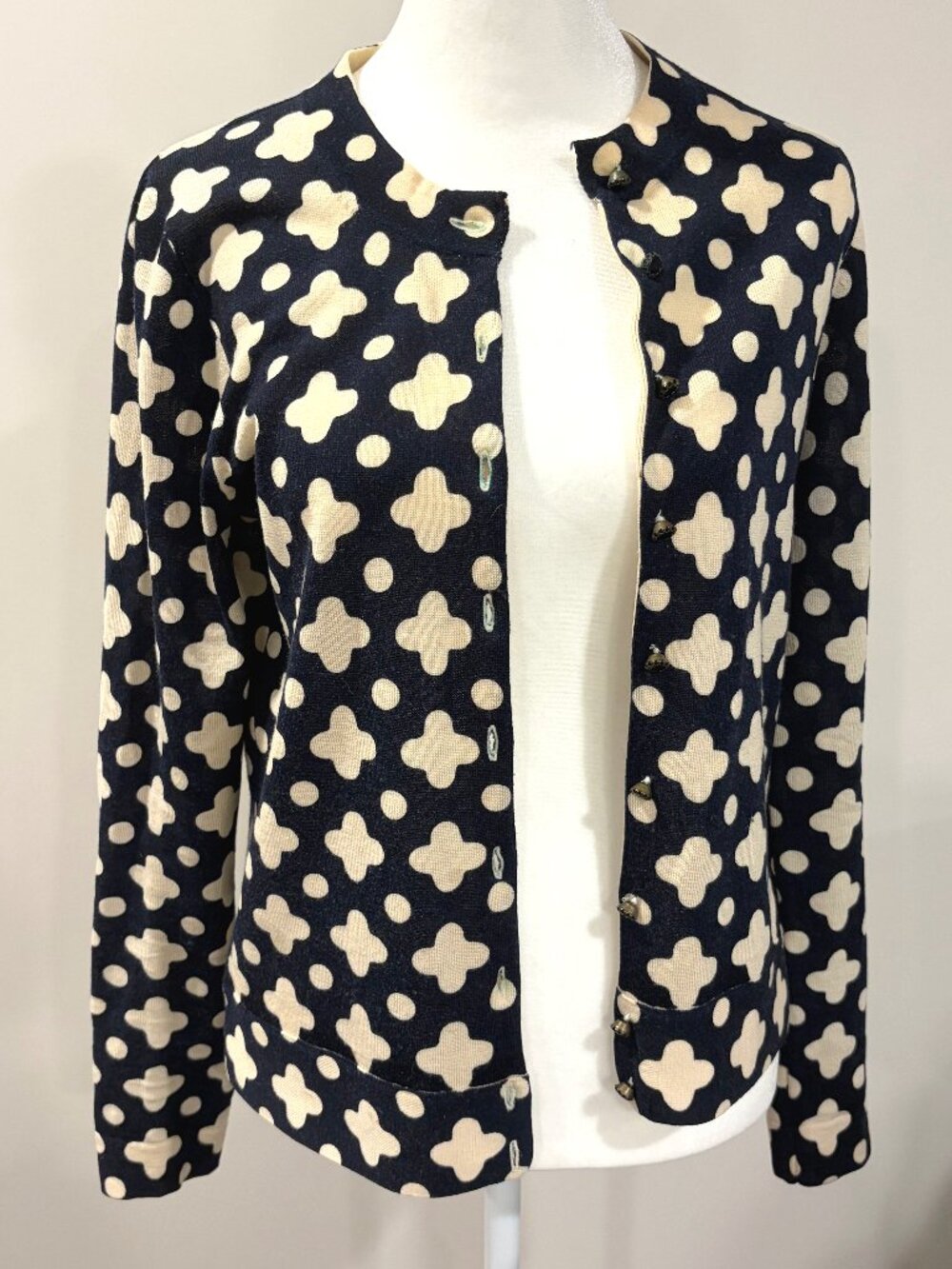 J Crew 100% Merino‎ Wool Cardigan Small Navy Blue Cream Geometric Clover Dot